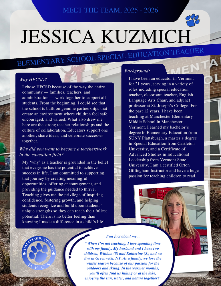 HFCSD has a few new staff members for the 25-26 school year. Some joined the team this year, and some have assumed new roles within the District. This year, individuals shared their stories in their own words. Please join us in welcoming them and celebrating all of our dedicated staff members! Today's 'Meet the Team' post features Morgan Robinson! 🐾