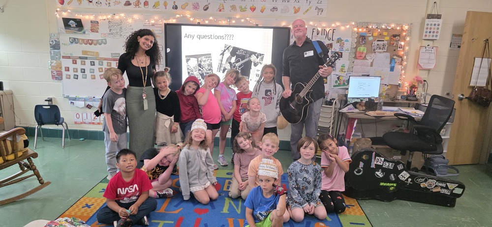 🎶As part of our school’s post-secondary options curriculum​,​ organized ​by ​our school social workers, Mrs. Irwin and Mrs. Shea, guest speakers are invited to our school to talk about their careers.   DJ Jason Irwin🎤was invited to talk to our​ first-grade students about their grade-level career cluster, Arts, AV Technology, and Communication.🎵DJ Jason Irwin is an on-air personality for the “Rise and Rock” morning radio on 93.1WSC​, an area solo acoustic musician, and a music journalist for the Xperience Monthly​ newspaper. The students had fun learning about his ​​career, listening to him play his guitar​, and singing songs! 🎸Thanks for sharing, Mrs. Irwin!