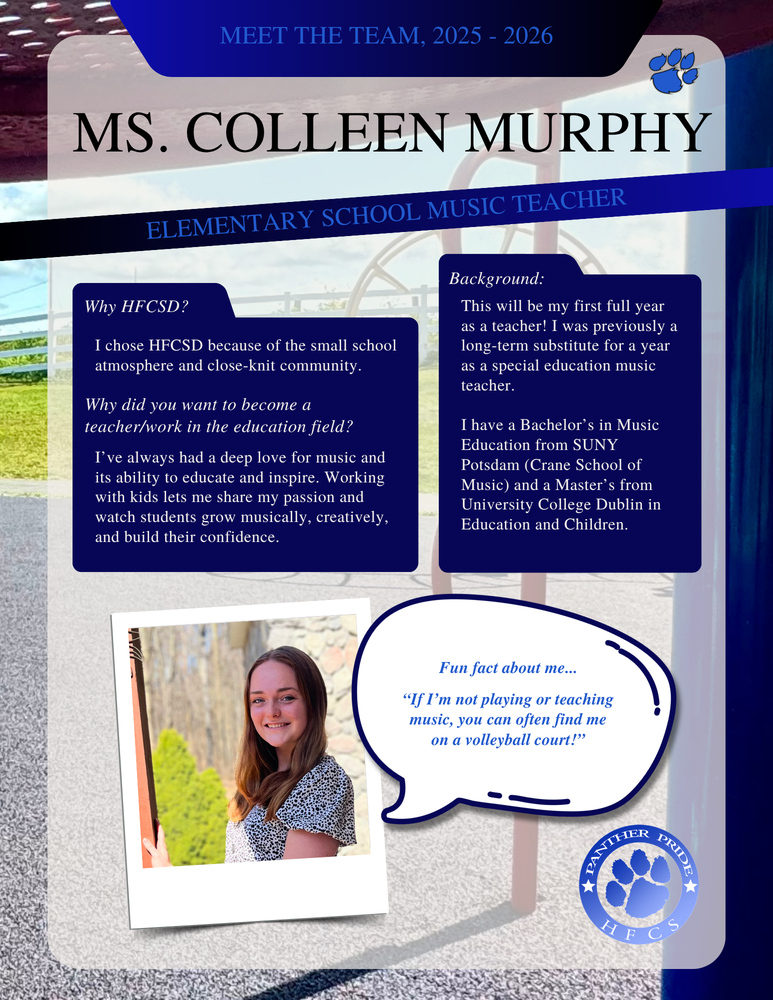 HFCSD has a few new staff members for the 25-26 school year. Some joined the team this year, and some have assumed new roles within the District. This year, individuals shared their stories in their own words. Please join us in welcoming them and celebrating all of our dedicated staff members! 🐾