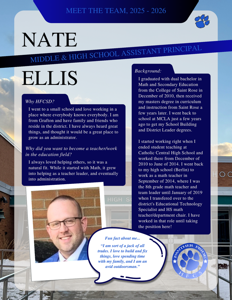 HFCSD has a few new staff members for the 25-26 school year. Some joined the team this year, and some have assumed new roles within the District. This year, individuals shared their stories in their own words. Please join us in welcoming them and celebrating all of our dedicated staff members! Today's 'Meet the Team' post features Morgan Robinson! 🐾