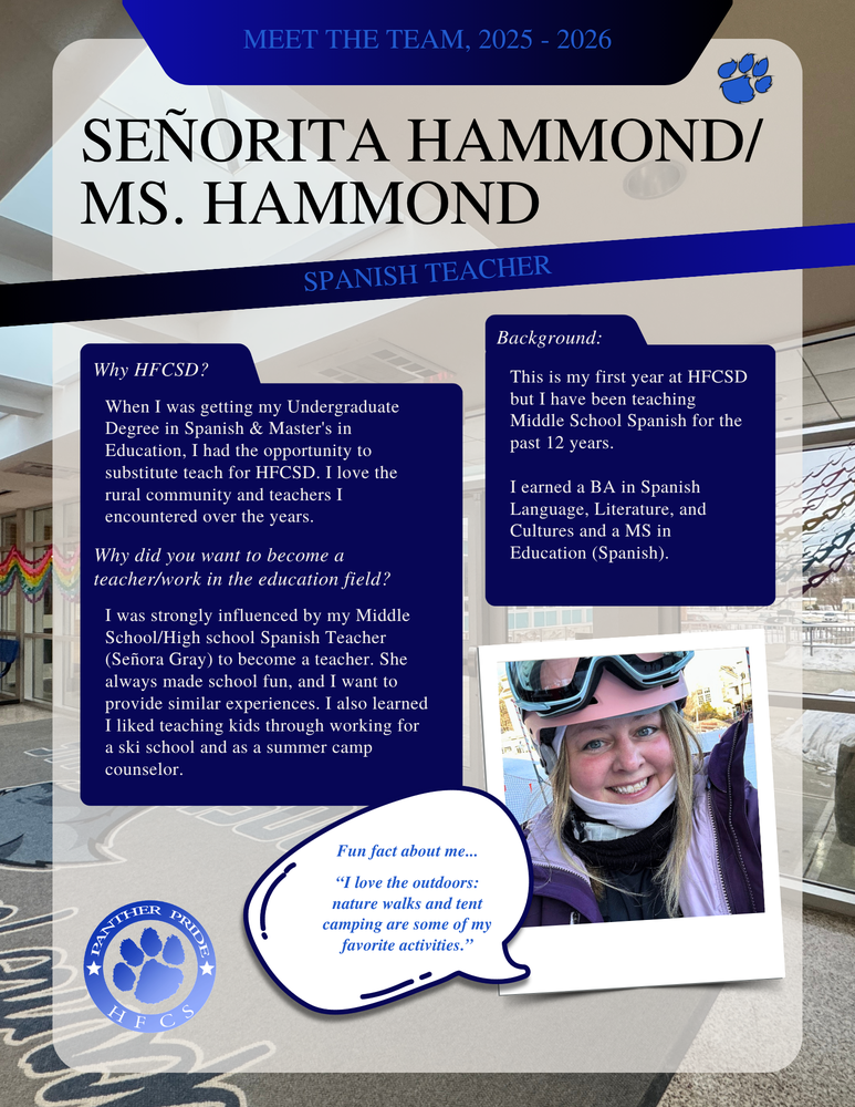 HFCSD has a few new staff members for the 25-26 school year. Some joined the team this year, and some have assumed new roles within the District. This year, individuals shared their stories in their own words. Please join us in welcoming them and celebrating all of our dedicated staff members! Today's 'Meet the Team' post features Morgan Robinson! 🐾
