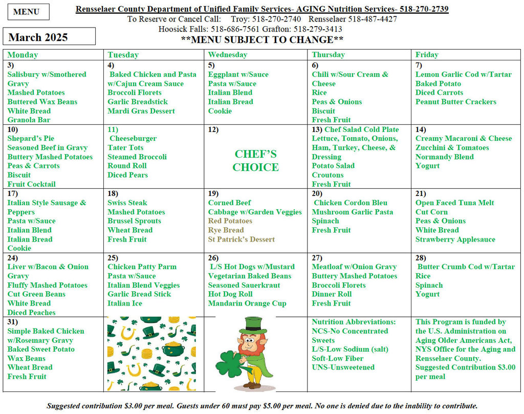 senior center menu march