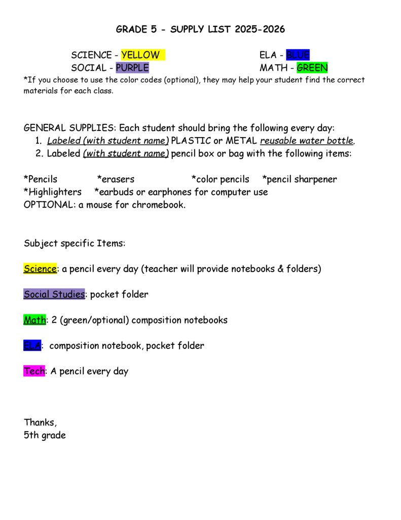 5th grade supply list flyer