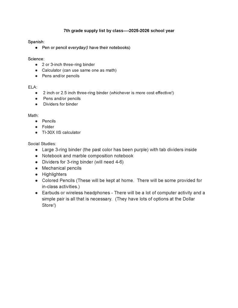 7th grade supply list flyer