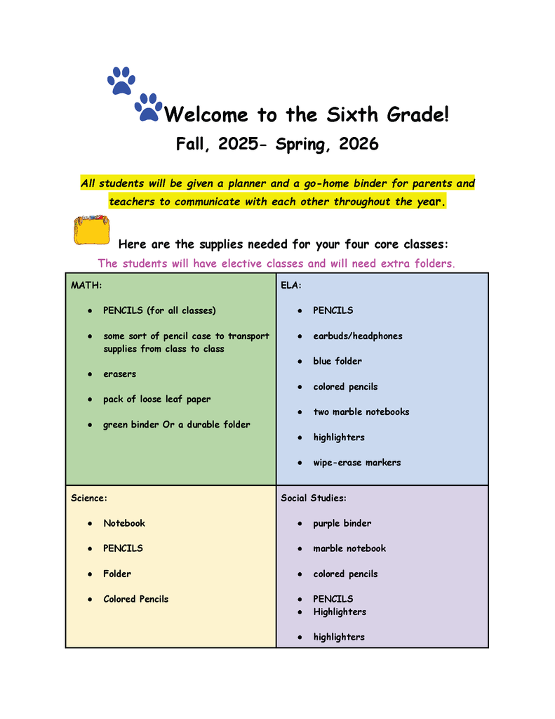 6th grades upply list flyer