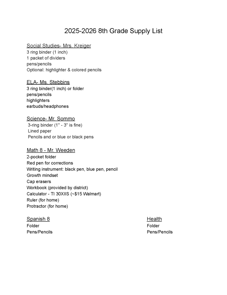 8th grade supply list flyer