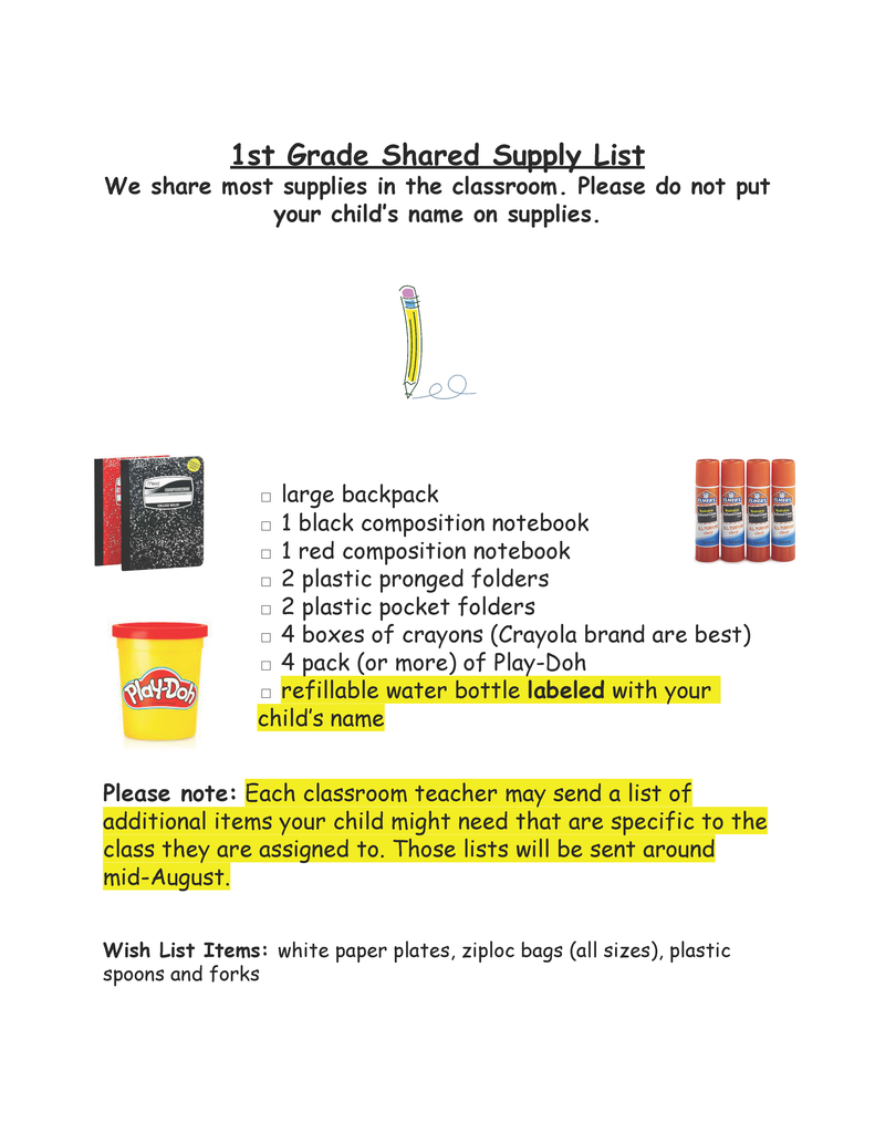 1st grade supply list flyer