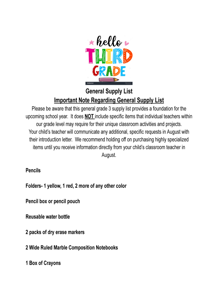3rd grades upply list flyer