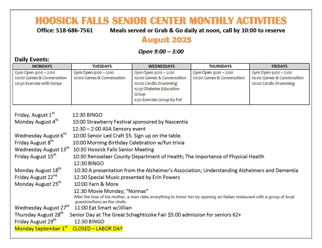 hoosick falls senior center august monthly activities calendar