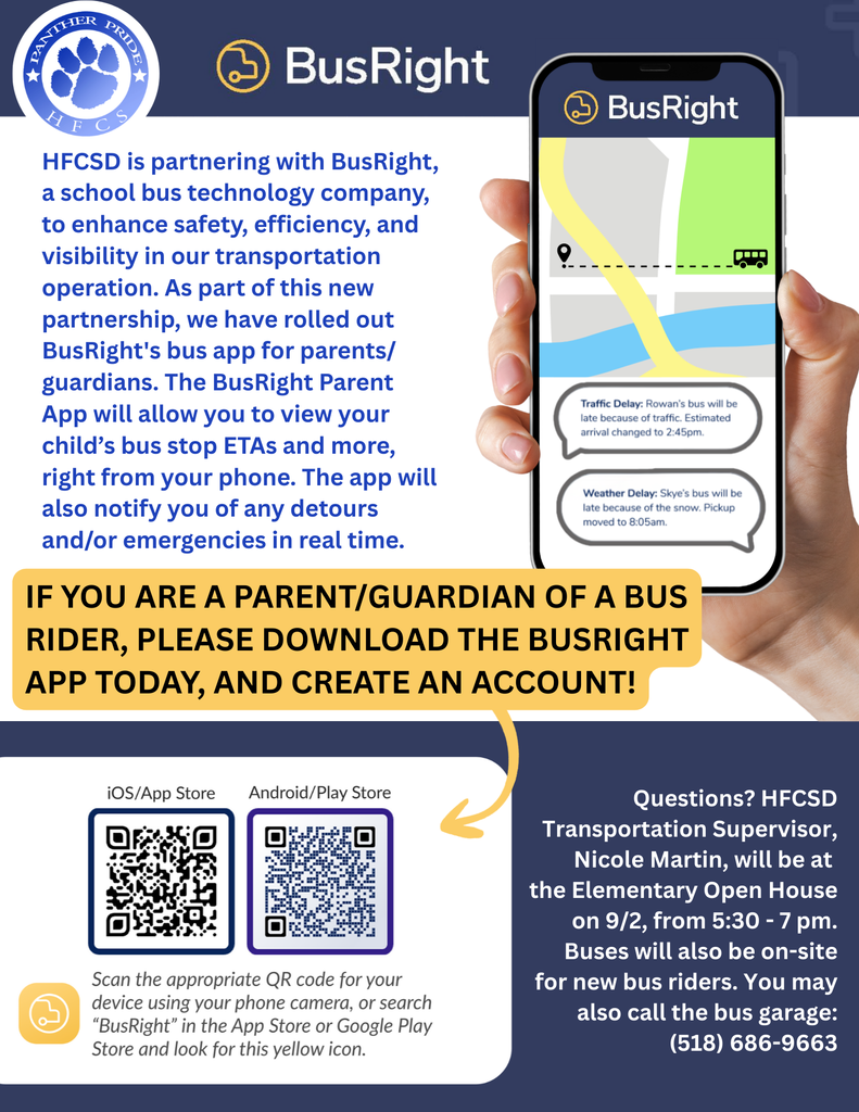 🚨IMPORTANT!🚌Please check your email for an important message about how to download our new BusRight app! For questions or if you did not receive an email, please contact our Transportation Supervisor, Nicole Martin: martinn@hoosickfallscsd.org Mrs. Martin will also be at the Open House on 9/2, from 5:30 - 7 pm, to answer questions, and new bus riders will have the opportunity to check out the bus!🚌