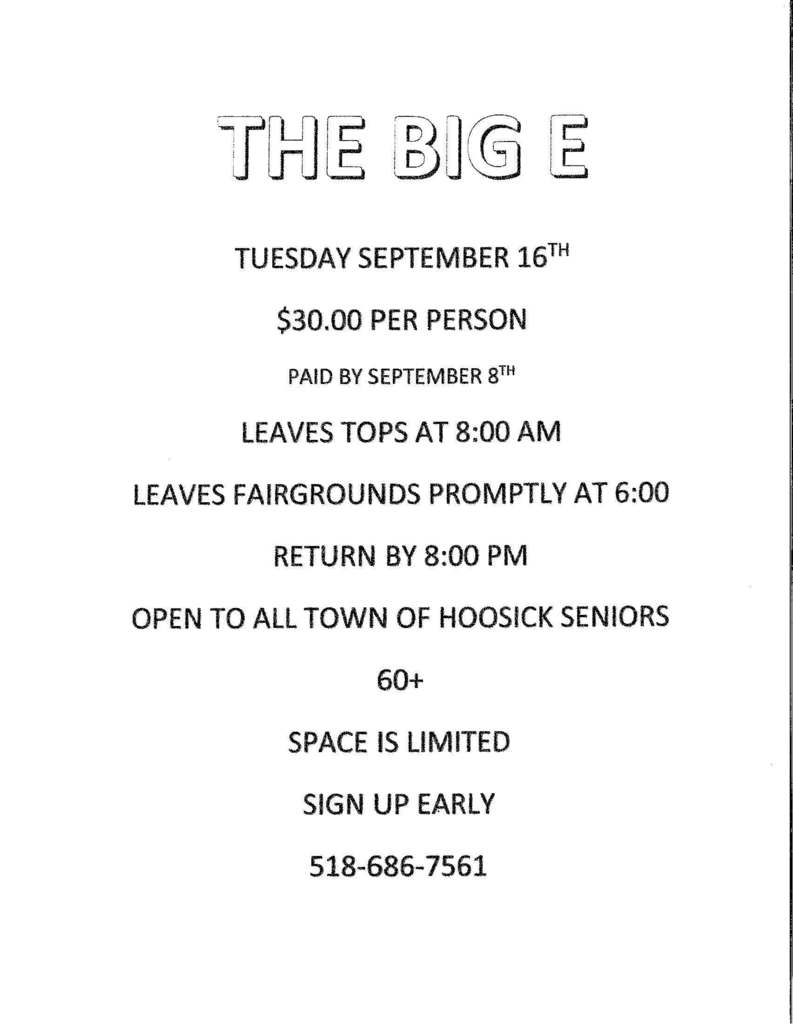 hoosick falls senior center september trip to the BIG E!