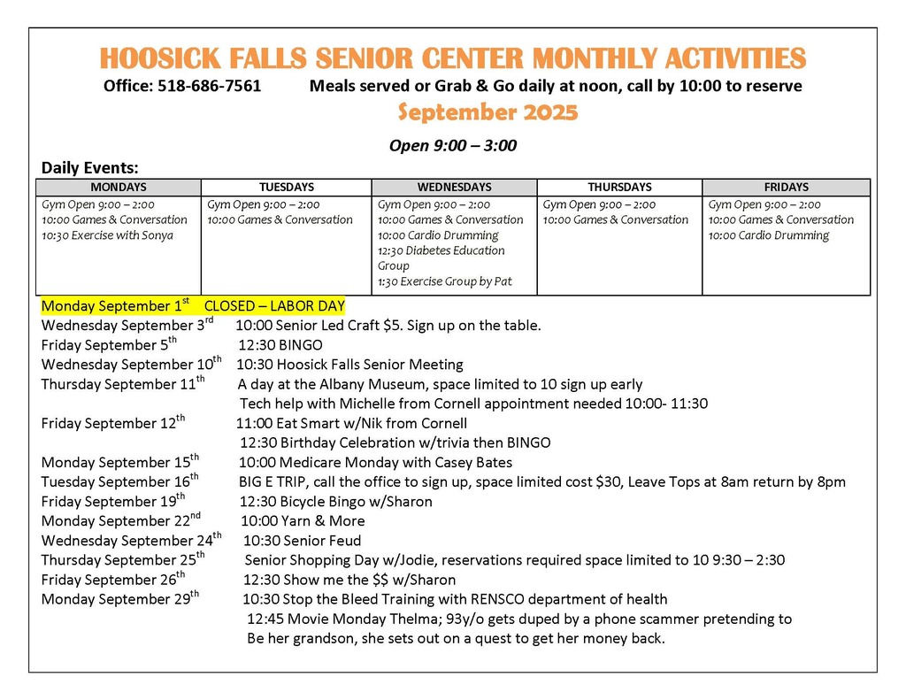 hoosick falls senior center september activities