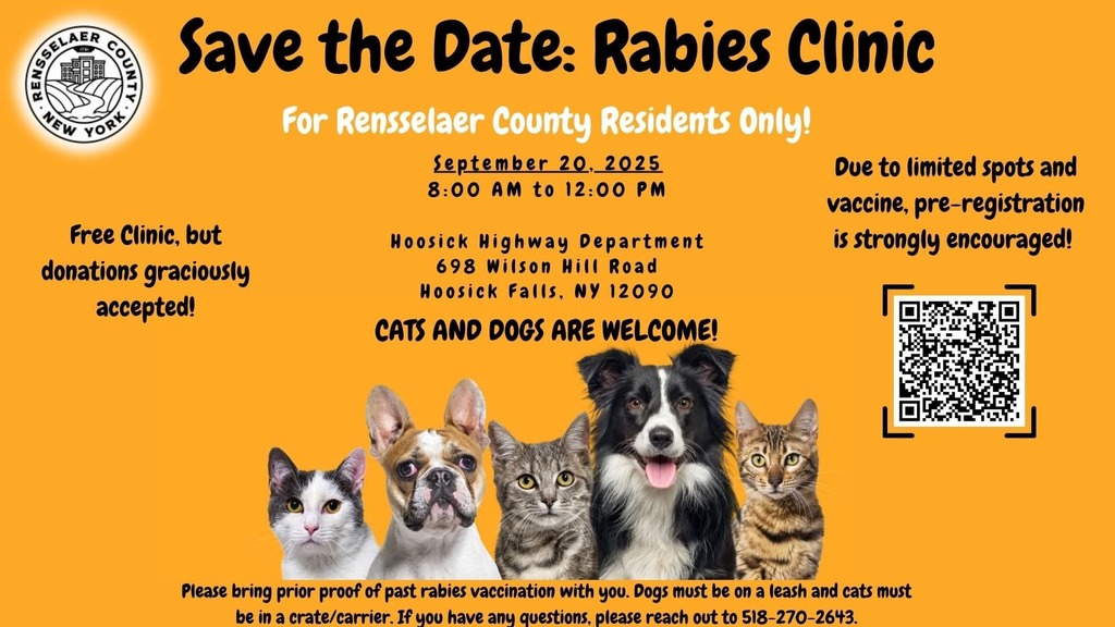 The Rensselaer County Health Department's Rabies Clinic has been rescheduled for September 20th, at the Hoosick Highway Department. This is a free rabies clinic, open to Rensselaer County residents. This is a great opportunity for county residents to get their dog or cat vaccinated and kept safe. To register, please us the QR code or visit: https://tinyurl.com/5bpfdb3s If you have any issues with registering, please call the Health Department at the number listed, 518-270-2643, during business hours.