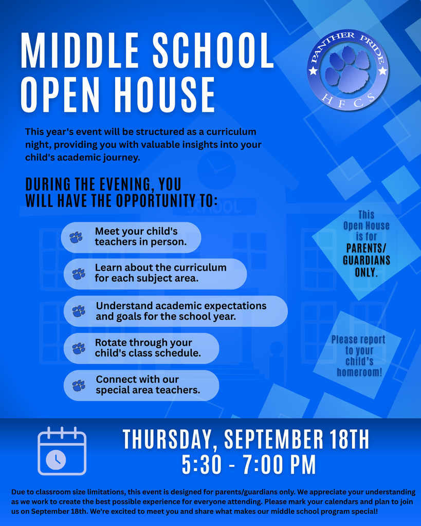 Middle School Open House Thursday, September 18th | 5:30-7:00 PM Please join us for the Middle School Open House on Thursday, September 18th, from 5:30-7:00 PM. This year's event will be structured as a curriculum night, providing you with valuable insights into your child's academic journey. What to Expect During the evening, you will have the opportunity to: Meet your child's teachers in person Learn about the curriculum for each subject area Understand academic expectations and goals for the year Rotate through your child's class schedule Connect with our special area teachers Important Details Due to classroom size limitations, this event is designed for parents only. We appreciate your understanding as we work to create the best possible experience for everyone attending. Please mark your calendars and plan to join us on September 18th. We're excited to meet you and share what makes our middle school program special.