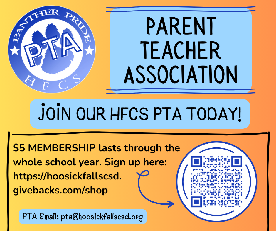 Want to get involved and support our students? Join the HFCS PTA today! $5 Membership lasts the whole school year. See our brochure for more details on how the PTA benefits our school and community. https://hoosickfallscsd.givebacks.com/shop