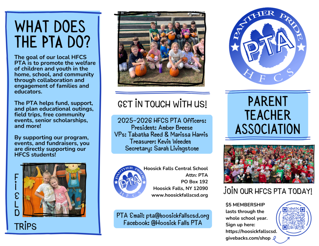 Want to get involved and support our students? Join the HFCS PTA today! $5 Membership lasts the whole school year. See our brochure for more details on how the PTA benefits our school and community. https://hoosickfallscsd.givebacks.com/shop