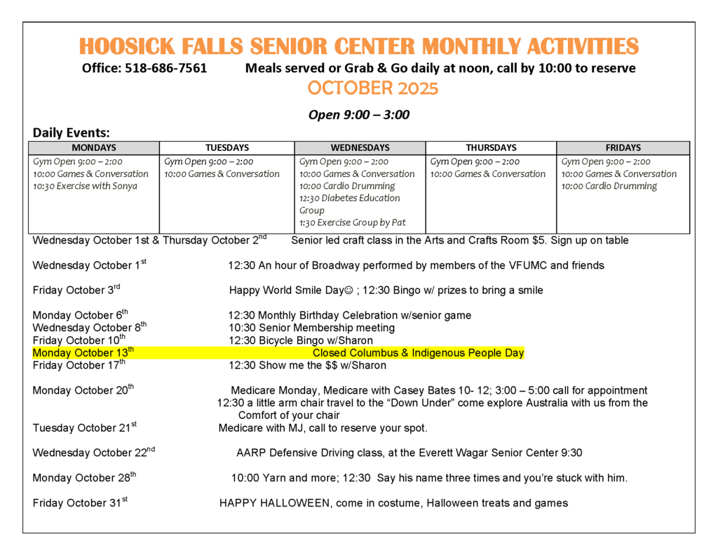 Hoosick Falls Senior Center Octboer Activities calendar