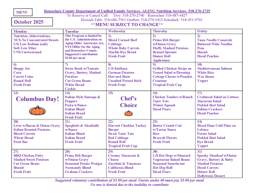 Hoosick Falls Senior Center October menu/calendar