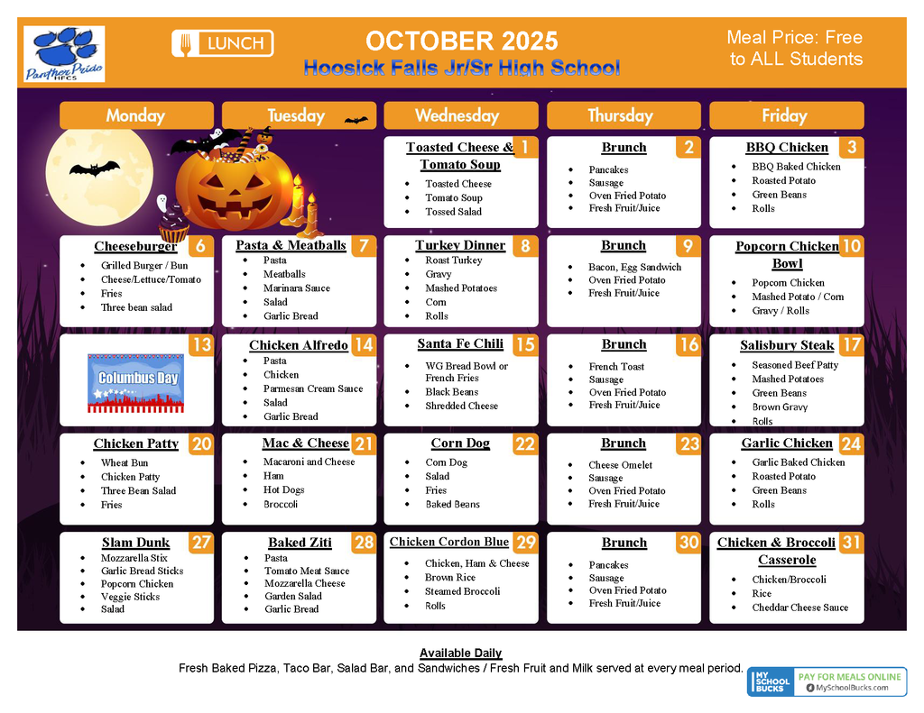 middle school/high school October lunch menu