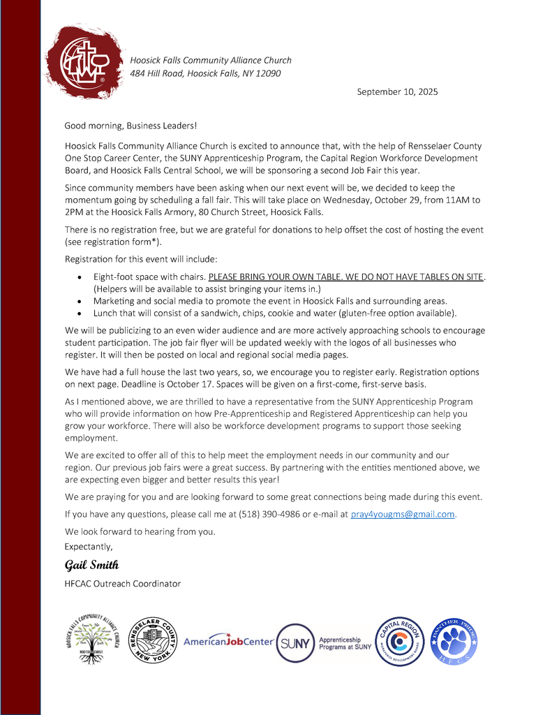 Hoosick Falls Community Career & Trade Expo will take place on 10/29/25 from 11 am - 2 pm, at the Hoosick Armory.   View the flyer here: https://5il.co/3qe0j View the letter to businesses to register here: https://5il.co/3qe0i  Over 40 vendors from various business sectors, trades, workforce development & apprenticeship programs will be on hand to talk with job seekers and answer all your questions. If you are unemployed, looking for a change, or just want to see what opportunities are out there, stop in and check us out!  Organization hosting the event: Hoosick Falls Community Alliance Church, SUNY Apprenticeship Program, Rensselaer County One-Stop Career Center, Capital Region Workforce Development Program, Hoosick Falls Central School District  Contact person: Gail Smith at 518-390-4986 or pray4yougms@gmail.com