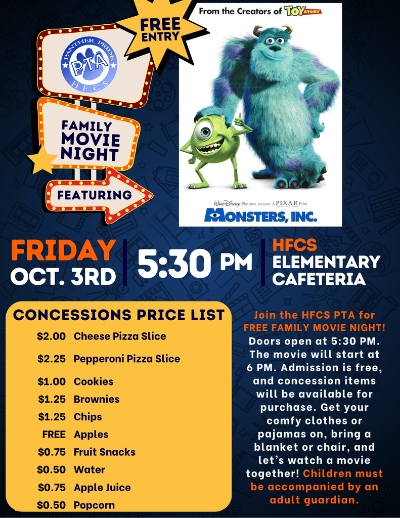 October Family Movie Night concession price list