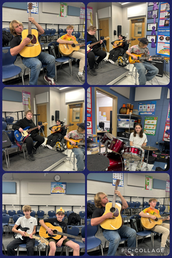 Dr. Yudkoff's Guitar Club is off to a great start with students in grades 7-12. Playing bass are Zavier and Matthew (learning); lead is Sam and Thomas with Cameron on drums; Andrew, Hunter and Ashton play rhythm.