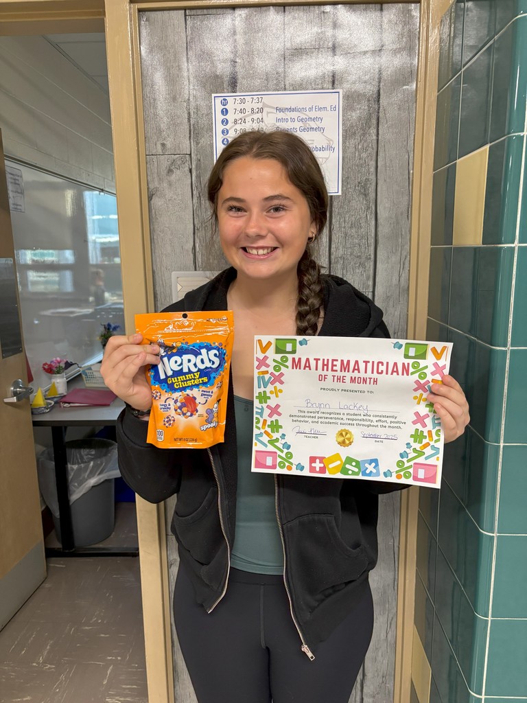 High School Math Teachers, Mrs. Jessica Nelson and Mr. Jacob Trinkle, announced their September 'Mathematicians of the Month' awardees. ➕📐➖✖️📏➗ These awards recognize students who consistently demonstrated perseverance, responsibility, effort, positive behavior, and academic success throughout the month. Intro to Geometry- Graysen Case and Jocelyn Clear Regents Geometry- Brynn Lackey and Liam DeVine Stats and Probability- Lizzy DaRosa Period 7 Algebra 1- Grant Glover Period 3 Algebra 1- Carly Turner Period 4 Algebra 1- Kate Bundrick Period 9 Algebra 1- Natalie Pell Keep up the great work, students, and thanks for sharing, Mrs. Nelson and Mr. Trinkle!🐾