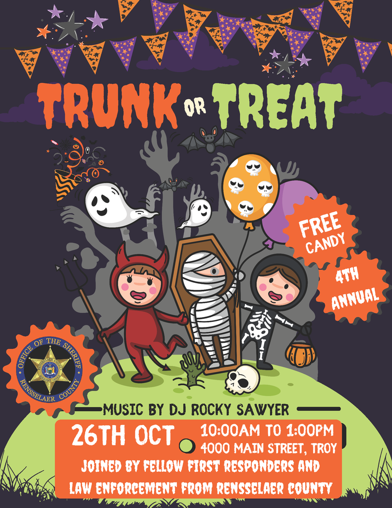 Our School Resource Officer, Deputy Garhartt (and K9 Eddie 🐾), wanted to share a Trunk or Treat opportunity with our families. This Trunk or Treat is hosted by the Rensselaer County Sheriff's Office. See the flyer for full details. (Thanks to our School Nurses for sharing Eddie's glamour shot.)