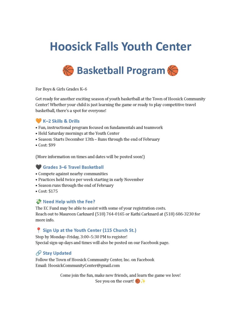 🏀The Town of Hoosick Community Center, Inc. is holding youth basketball signups! See the flyer for more details. 🏀