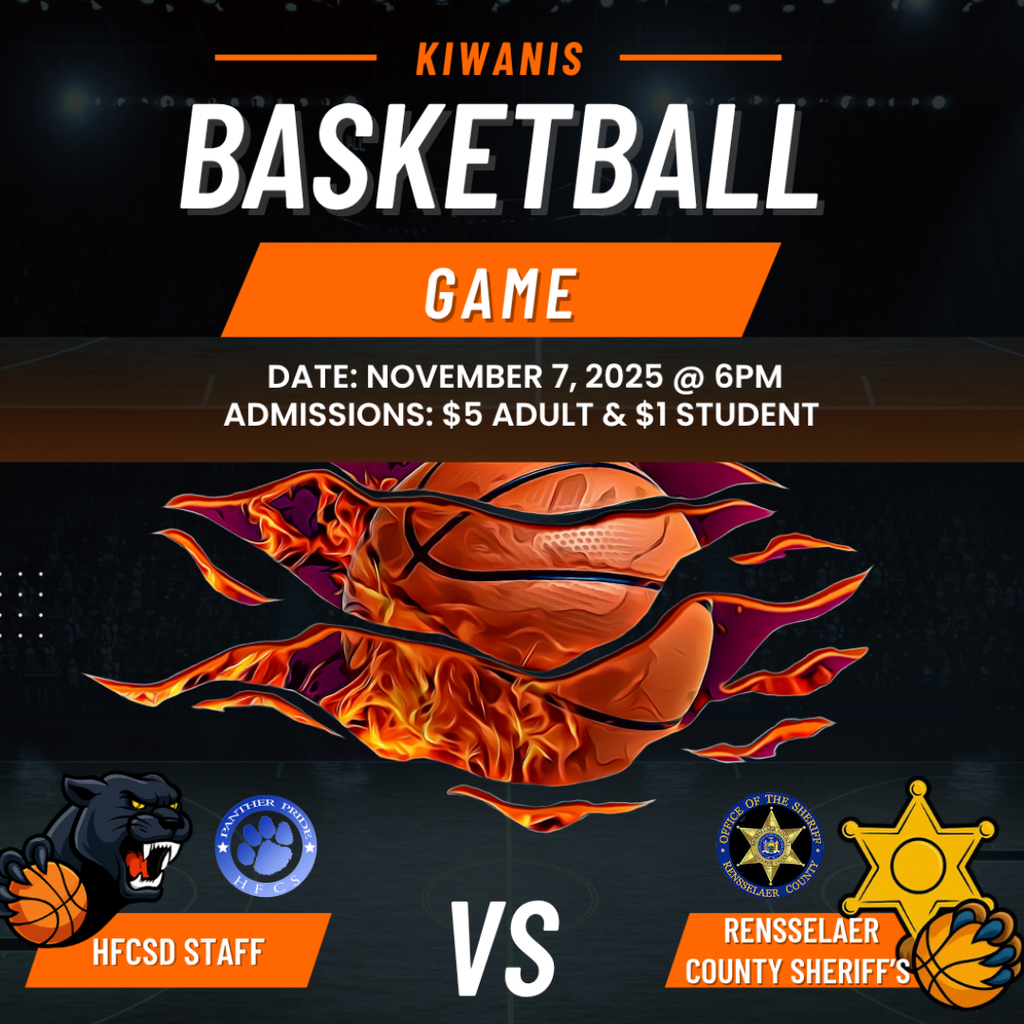 🏀Come support the Kiwanis Key Club and your HFCSD staff as they take on the Rensselaer County Sheriff's Office in a basketball game!! 11/7/25 @ 6pm in the High School Auditorium Admissions: $5/Adult ticket, $1/Student Ticket See less