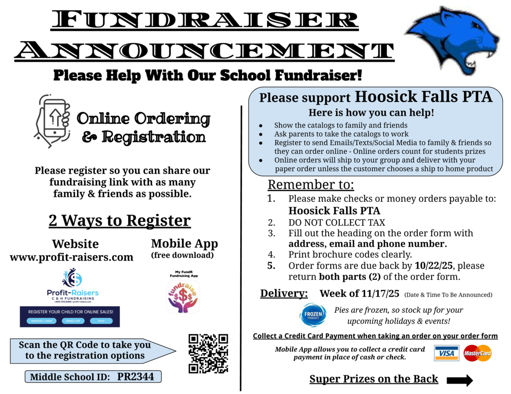 ⏳Our PTA Fall Fundraiser deadline is tomorrow, 10/22, so there is still time to place your order online or send your order forms back to school! All of the money raised through this fundraiser goes towards fun field trips for our HFCS students, academic scholarships, school activities, free family events, and more!  This year, we offered the following catalogs within your student's packet:  The Ultimate Gift Collection🎁 Kringle's Candles🕯 Legos🧱 Frozen Pies (Just in time for the holidays!)🥧 We encourage you to set up your child's online profit-raiser account and share the shopping link with friends and family!  For any child who sells a minimum of 20 items, they will receive a certificate for a FREE animal of their choice to stuff and an outfit (think Build-A-Bear!) at our upcoming Animal Land event at a future movie night after the holidays!    We appreciate your support as we continue to raise funds to help support all of the awesome and fun events for our school community.  If you have any questions, please contact the PTA at PTA@hoosickfallscsd.org🐾