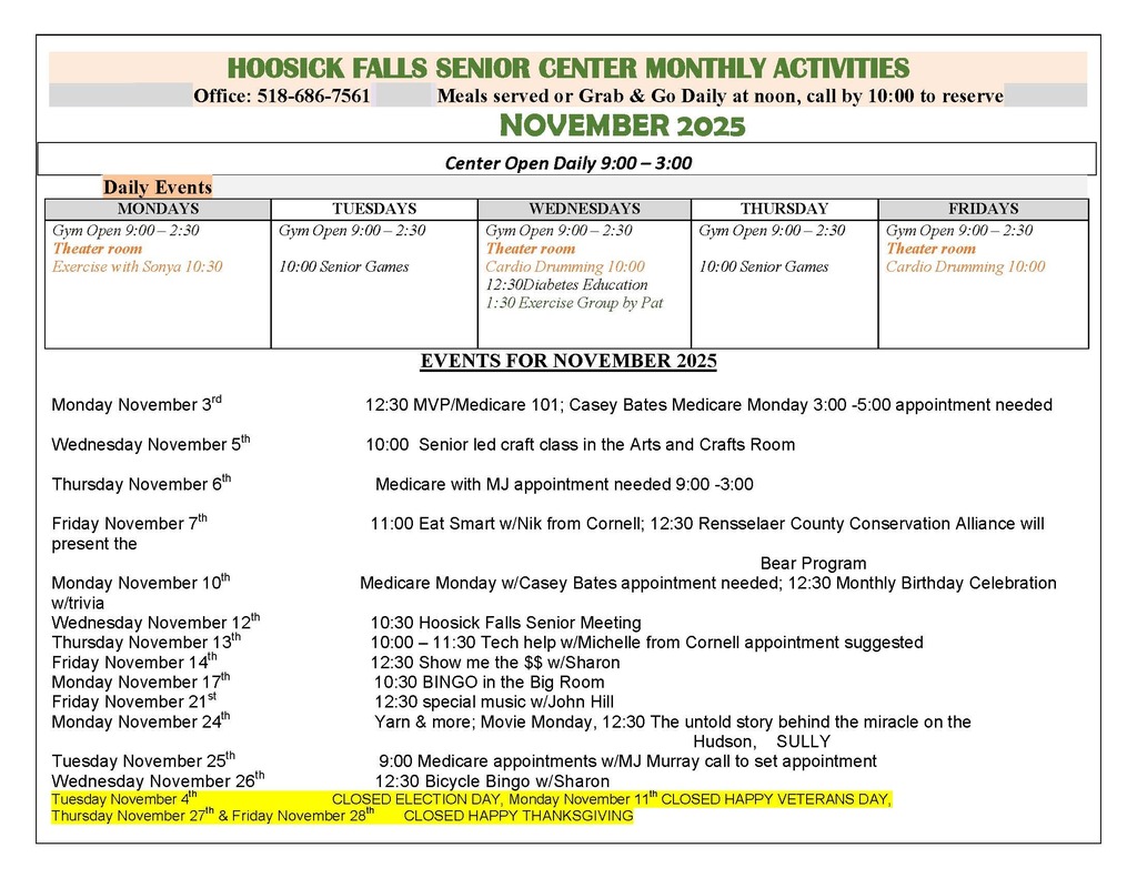 november 2025 events calendar for the senior center