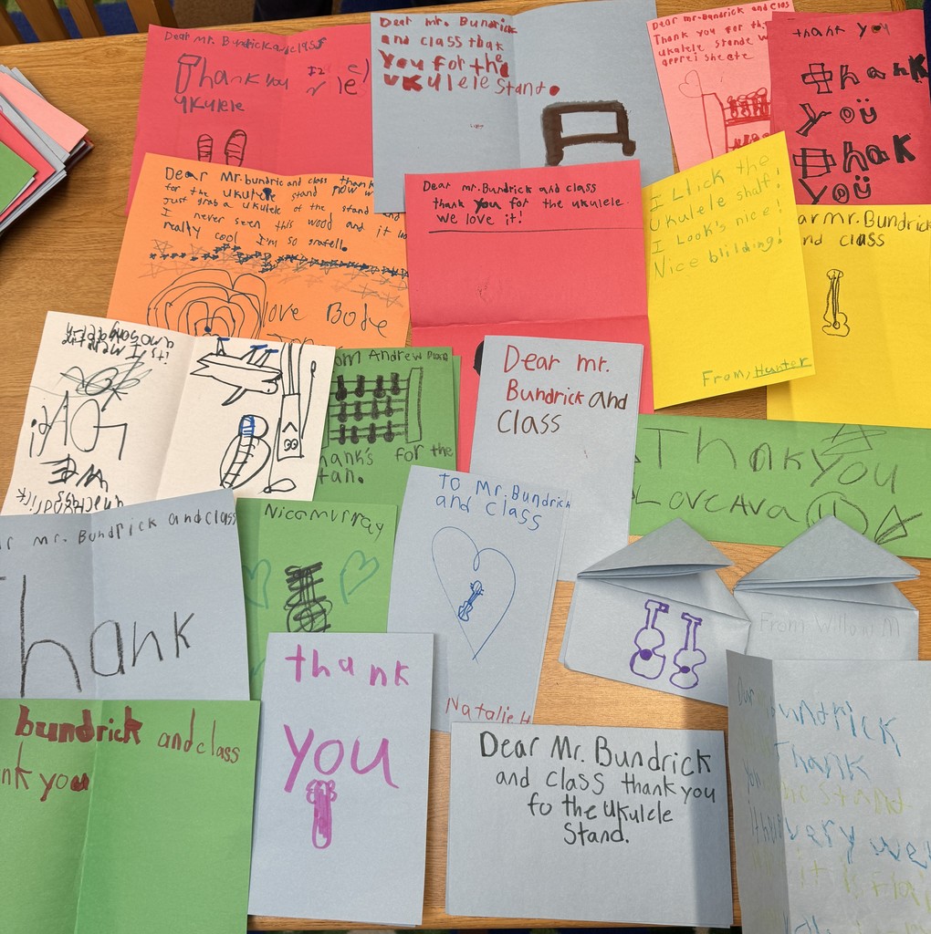 Mr. Bundrick's high school construction class recently had a fun and practical project. The students made a ukulele stand for Ms. Murphy's elementary school music room. The elementary students were so impressed that they made thank-you cards for Mr. Bundrick and his students, to show their appreciation. The stand came out great! 🔨It is so nice to see these students bringing ideas to life, and inspiring our younger students!🎸