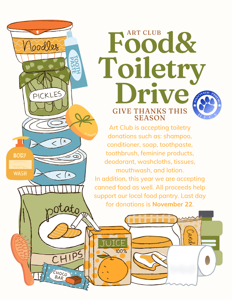 The Art Club is currently running a Food and Toiletry Drive and a Used Glasses Drive. Items listed on the flyers can be sent to school. Please see the flyers for more details. Thank you for your help as we support our HF families!💙🤍