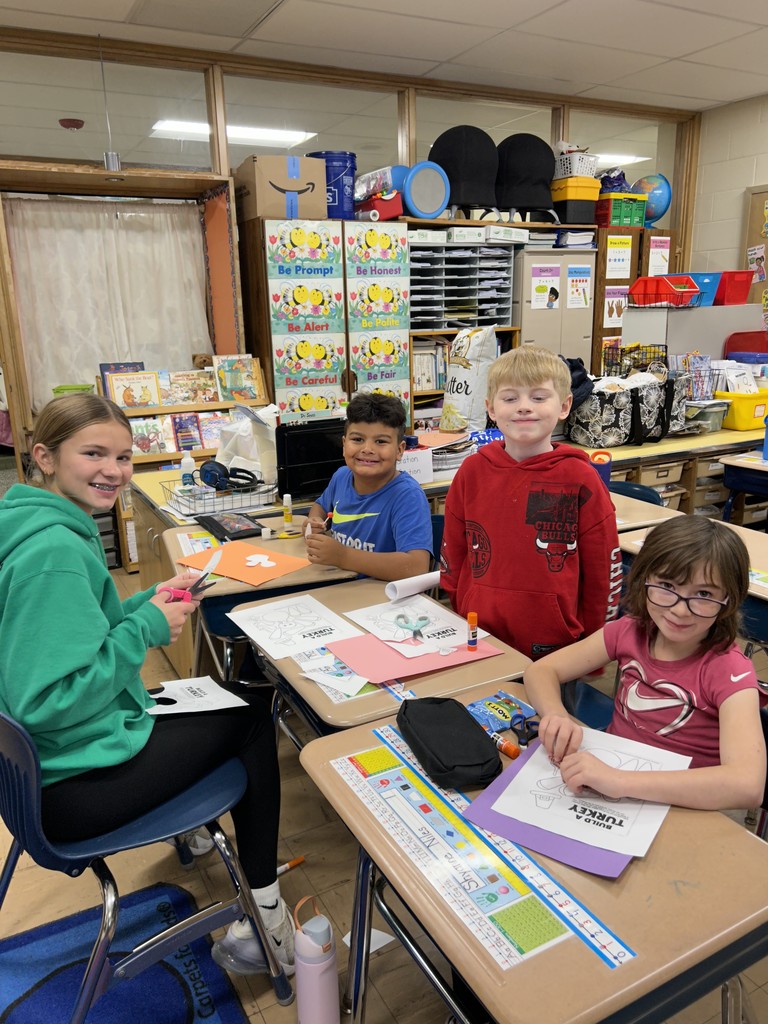 Each week, Mrs. Stebbins' 8th-grade guide students go to Mrs. Gardner's 2nd-grade classroom for a visit. Some weeks they read stories, and other weeks they do projects together. Our elementary students so enjoy their time with their middle school buddies!!  🐾 Thanks for sharing, Mrs. Gardner!