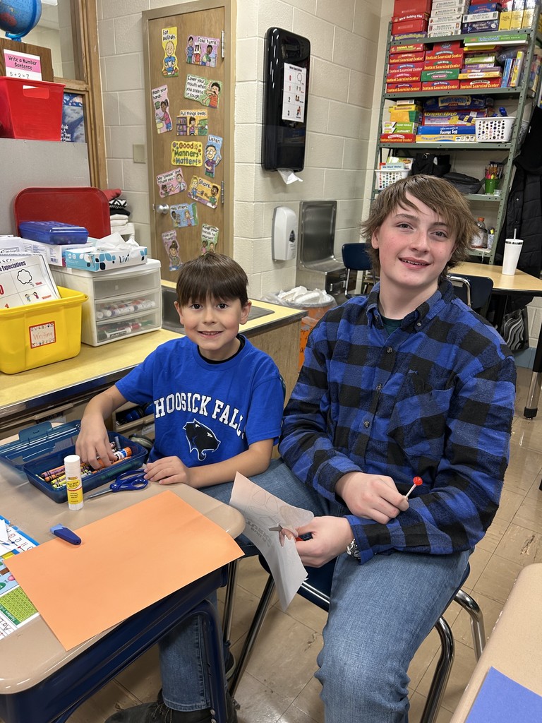 Each week, Mrs. Stebbins' 8th-grade guide students go to Mrs. Gardner's 2nd-grade classroom for a visit. Some weeks they read stories, and other weeks they do projects together. Our elementary students so enjoy their time with their middle school buddies!!  🐾 Thanks for sharing, Mrs. Gardner!