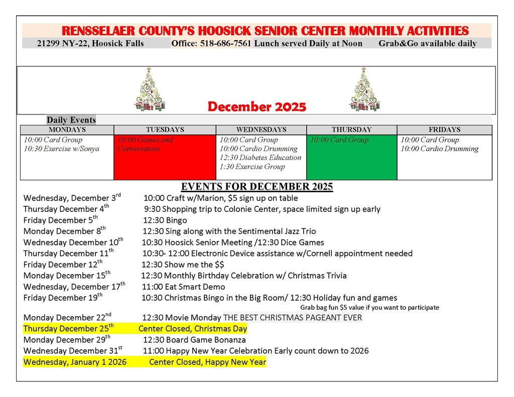 senior center activities calendar december 2025
