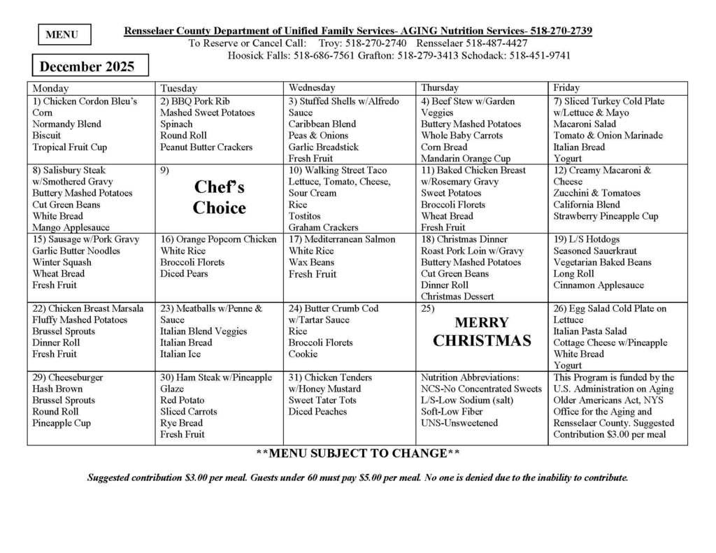 senior center menu december 2025
