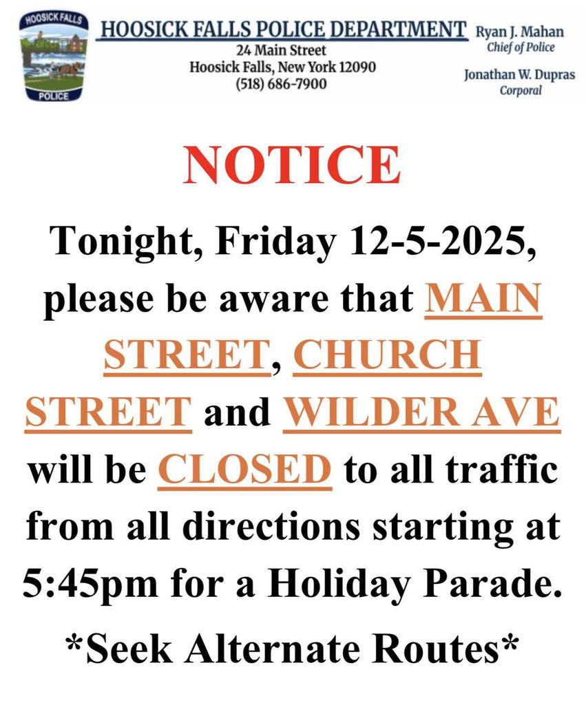 public notice from Hoosick Falls police regarding parade route 12/5