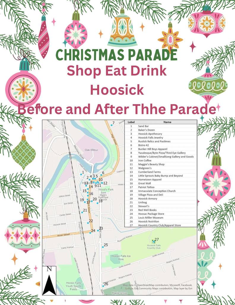 Hoosick Falls lighted christmas parade at 6pm on 12/5/25- flyer about where to shop, eat, and drink before and after the parade