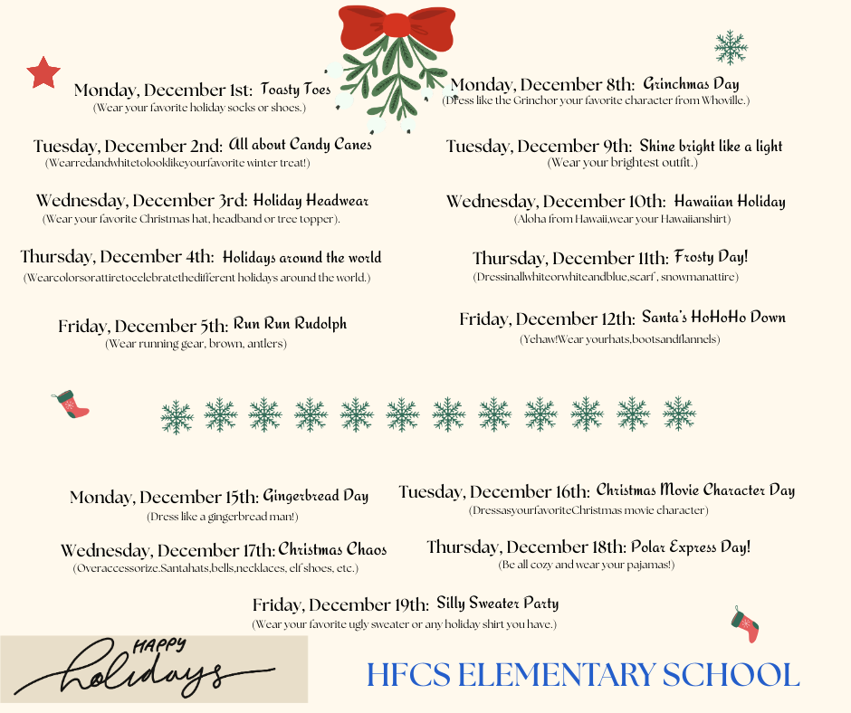 elementary school holiday spirit week calendar