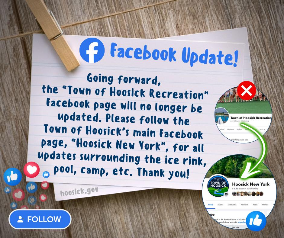 Going forward, the “Town of Hoosick Recreation” Facebook page will no longer be updated. Please follow the Town of Hoosick’s main Facebook page, “Hoosick New York”, for all updates surrounding the ice rink, pool, camp, etc. Thank you! https://www.facebook.com/valleyoftheowl