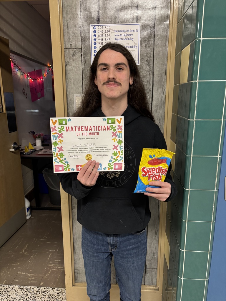 High School Math Teacher, Mrs. Jessica Nelson, announced her November 'Mathematicians of the Month' awardees. ➕📐➖✖️📏➗ These awards recognize students who consistently demonstrated perseverance, responsibility, effort, positive behavior, and academic success throughout the month. Intro to Geometry- Liam White and Faith Lemperle Regents Geometry- Genevieve Schuttig and Ludmila Belyaeva Statistics and Probability- Emma Waugh Keep up the great work, students, and thanks for sharing, Mrs. Nelson!🐾