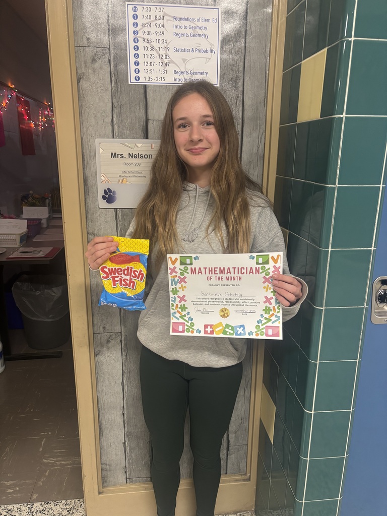 High School Math Teacher, Mrs. Jessica Nelson, announced her November 'Mathematicians of the Month' awardees. ➕📐➖✖️📏➗ These awards recognize students who consistently demonstrated perseverance, responsibility, effort, positive behavior, and academic success throughout the month. Intro to Geometry- Liam White and Faith Lemperle Regents Geometry- Genevieve Schuttig and Ludmila Belyaeva Statistics and Probability- Emma Waugh Keep up the great work, students, and thanks for sharing, Mrs. Nelson!🐾