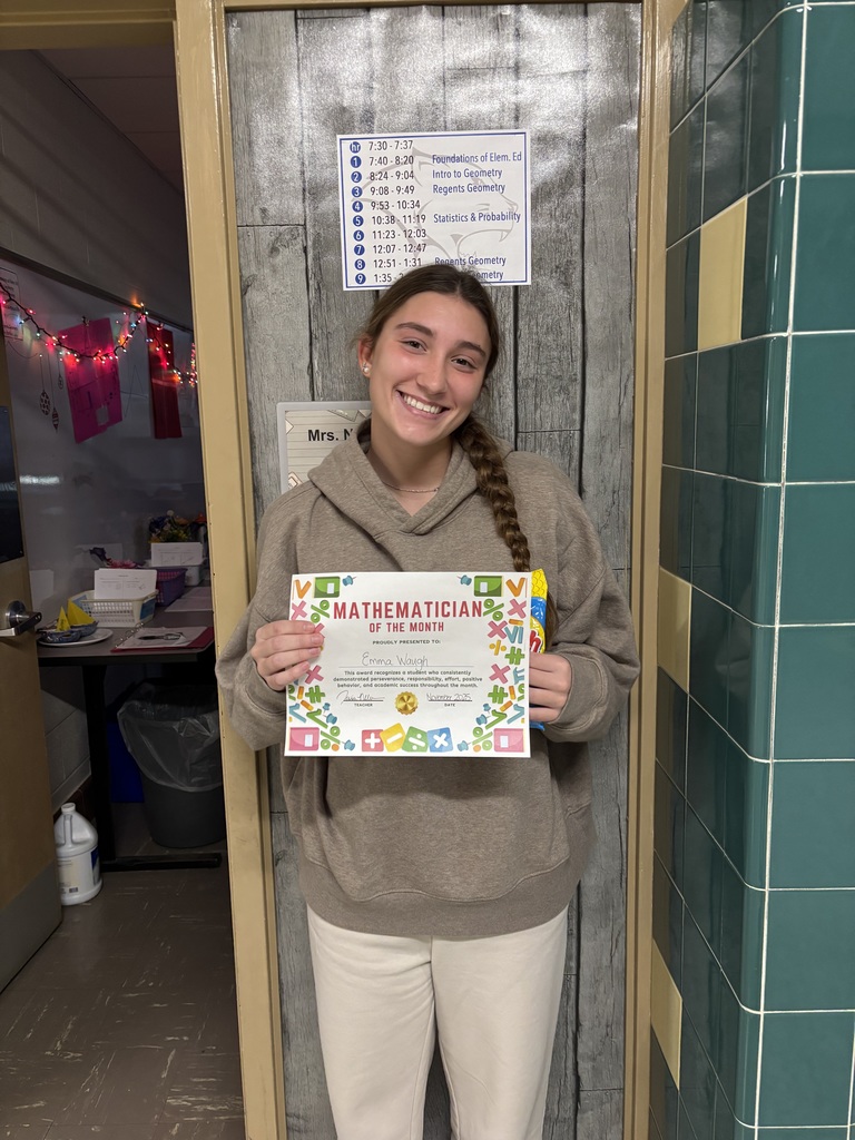 High School Math Teacher, Mrs. Jessica Nelson, announced her November 'Mathematicians of the Month' awardees. ➕📐➖✖️📏➗ These awards recognize students who consistently demonstrated perseverance, responsibility, effort, positive behavior, and academic success throughout the month. Intro to Geometry- Liam White and Faith Lemperle Regents Geometry- Genevieve Schuttig and Ludmila Belyaeva Statistics and Probability- Emma Waugh Keep up the great work, students, and thanks for sharing, Mrs. Nelson!🐾