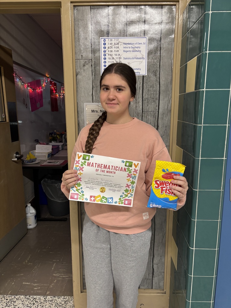 High School Math Teacher, Mrs. Jessica Nelson, announced her November 'Mathematicians of the Month' awardees. ➕📐➖✖️📏➗ These awards recognize students who consistently demonstrated perseverance, responsibility, effort, positive behavior, and academic success throughout the month. Intro to Geometry- Liam White and Faith Lemperle Regents Geometry- Genevieve Schuttig and Ludmila Belyaeva Statistics and Probability- Emma Waugh Keep up the great work, students, and thanks for sharing, Mrs. Nelson!🐾