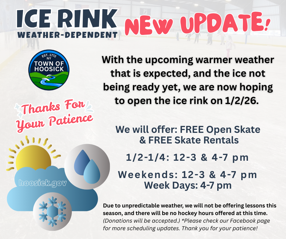 ⛸️***Ice Rink Update!!***⛸️ With the upcoming warmer weather that is expected tomorrow, 12/29, and the ice not being ready yet, we are now hoping to open the ice rink on 1/2/26.  We will post again if anything changes. Thank you for your patience! We look forward to seeing everyone out on the ice!