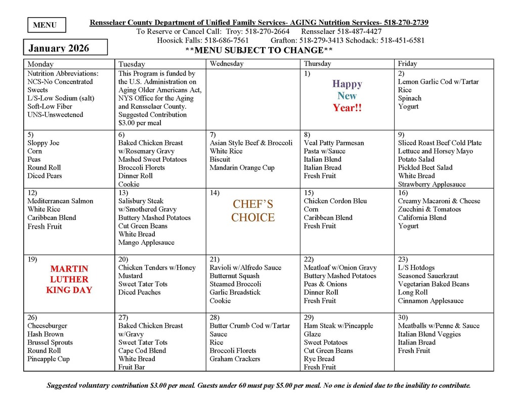 HF senior center january 2026 menu