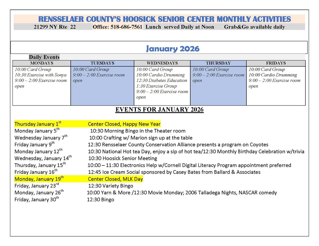 HF senior center january 2026 activities
