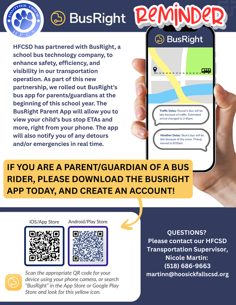 Friendly reminder that the District is using the BusRight app this year. If you haven't already downloaded the BusRight app, you can try it out! It is a great tool to get bus notifications right to your phone. 🚌